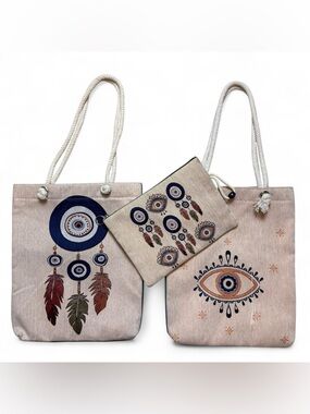 Boho Evil Eye Dream Catcher Tote Bag Set with Matching Embroidered Pouch